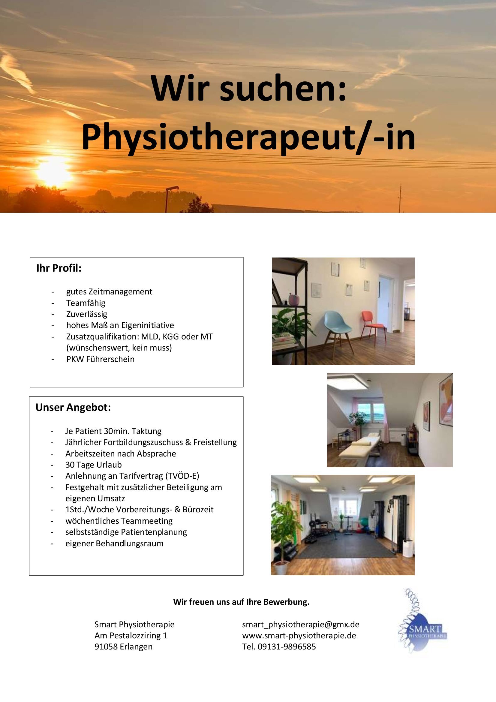 Wir suchen: Physiotherapeut/in, sofort für unsere Praxis, Smart Physiotherapie, in Erlangen-Eltersdorf, Am Pestalozziring 1.